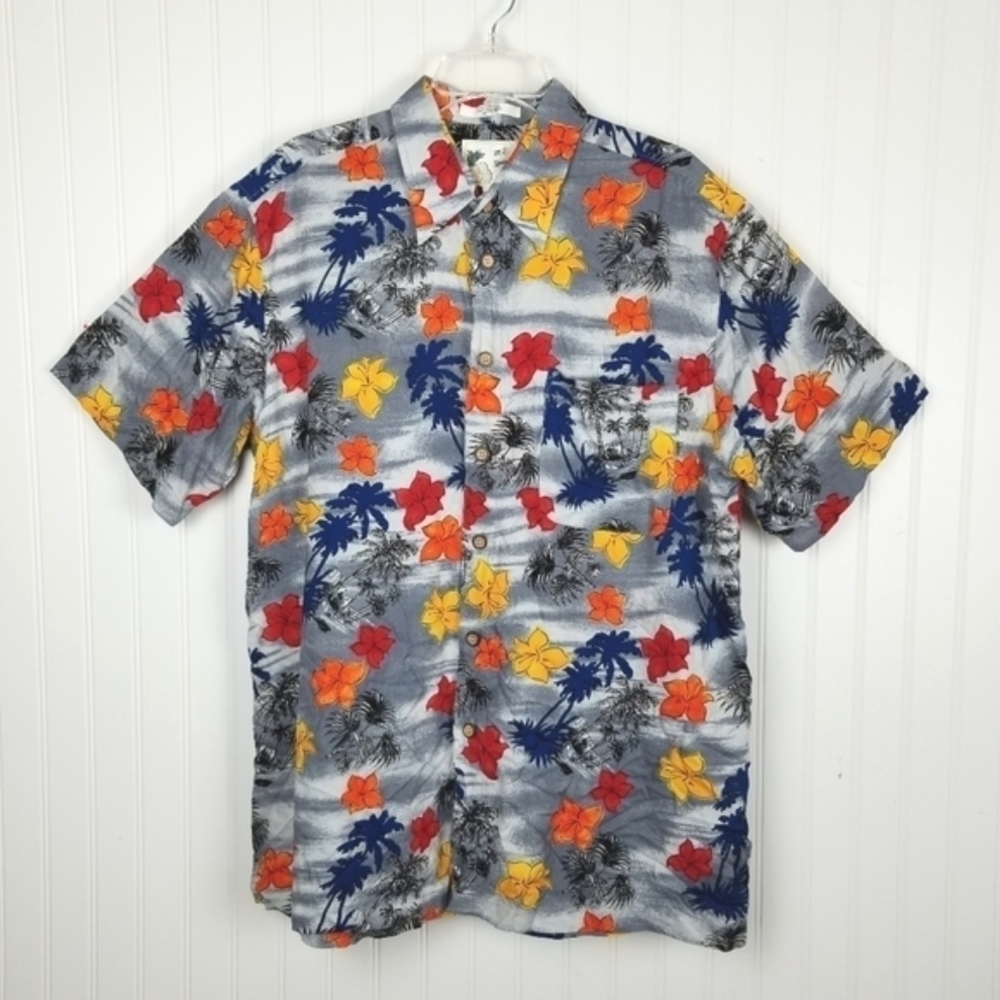M E Sport Mens Hawaiian Button Up Shirt Palm Trees Flowers Multi Size Large - Picture 8 of 8
